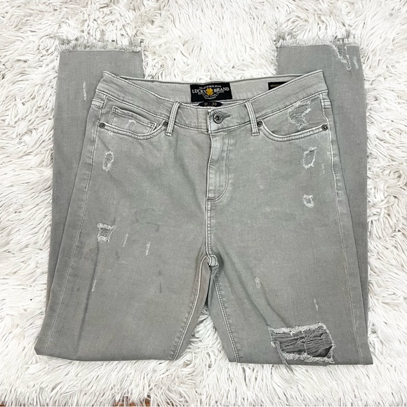 Lucky Brand Light Gray Distressed Brooke Legging Jeans Raw Hem Size 10/30 - Picture 4 of 11